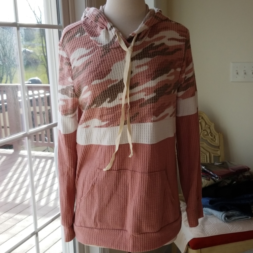 Watermelon Pink Camo Hoodie Waffle Fabric - Picture 4 of 8
